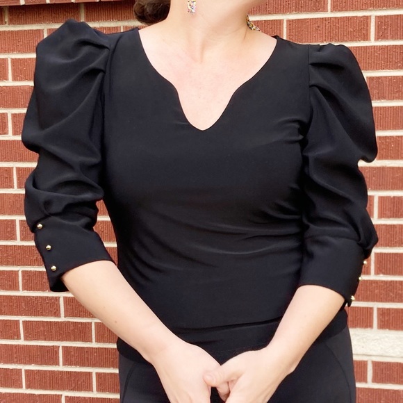Joseph Ribkoff Tops - JOSEPH RIBKOFF Puff Sleeves Statement Black Jersey V-Neck Blouse SZ: 10